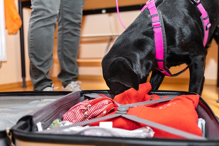 der schwarze hund sucht etwas im koffer